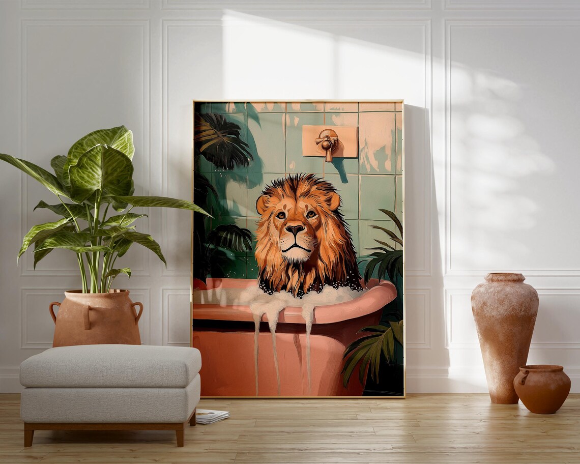 Lion Relaxing In A Pink Bubble Bath With Shower Plants Poster - Image 3