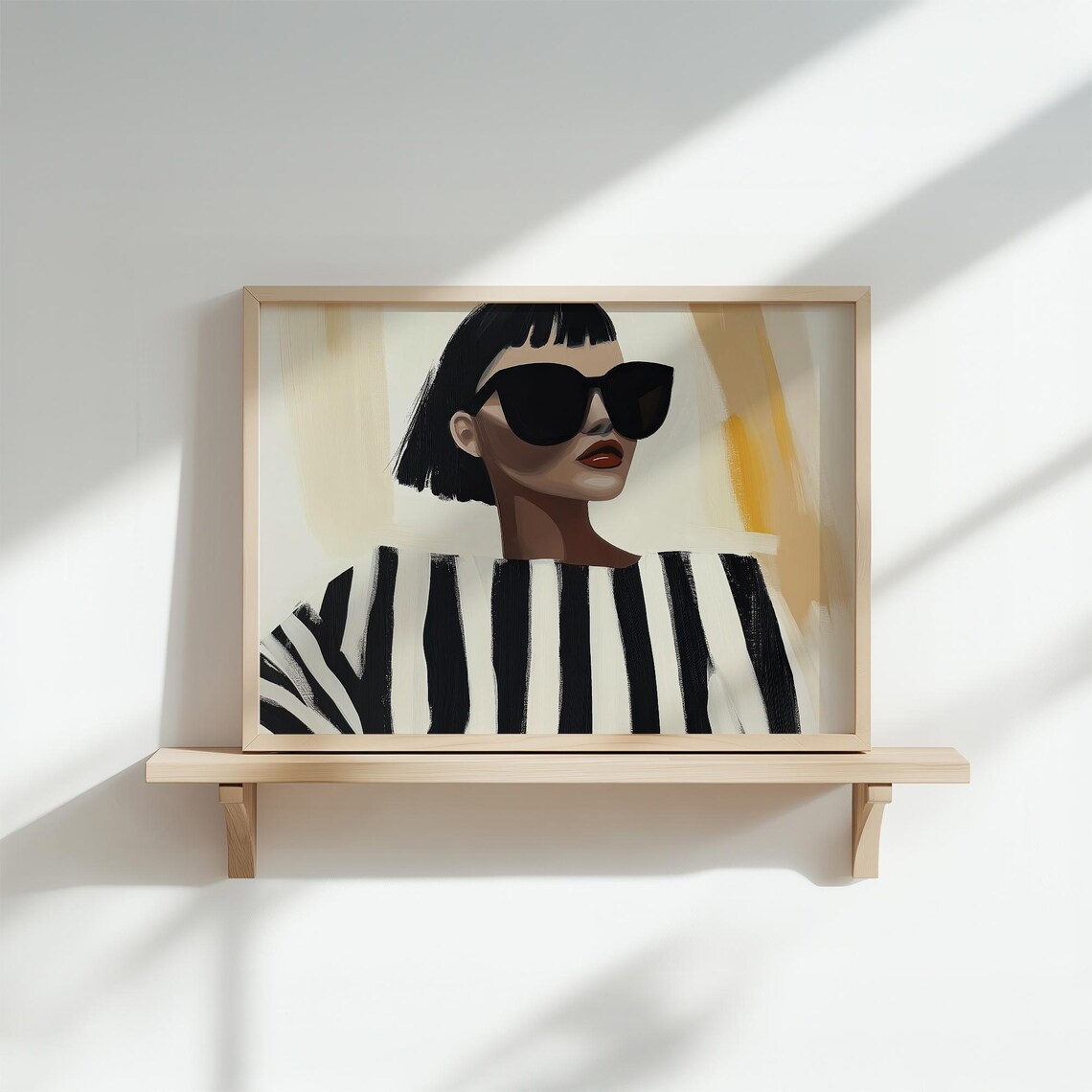 Chic Bob-Haired Woman In Sunglasses With Striped Top Wall Art - Image 4
