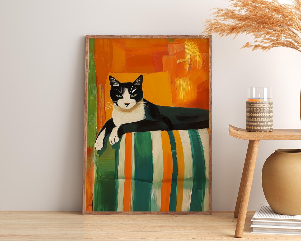 Tuxedo Cat Resting On A Striped Blanket With Warm Orange Wall Art - Image 4