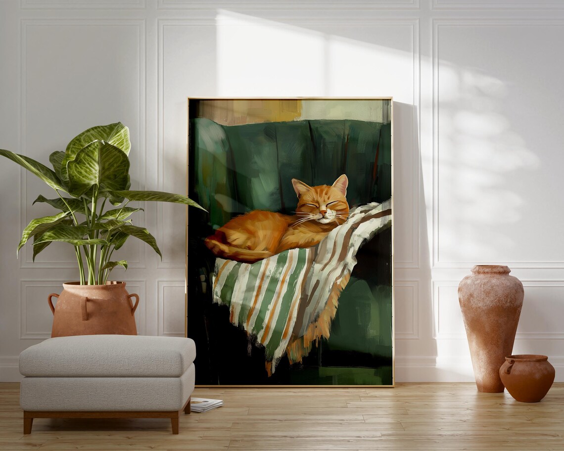 Ginger Cat Napping On A Striped Blanket In A Green Room Poster - Image 4