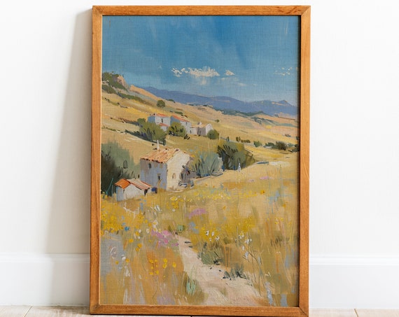 Mountain Meadow Painting Wall Art Moody Countryside Landscape Poster Print Rustic Fine Art Housewarming Gift