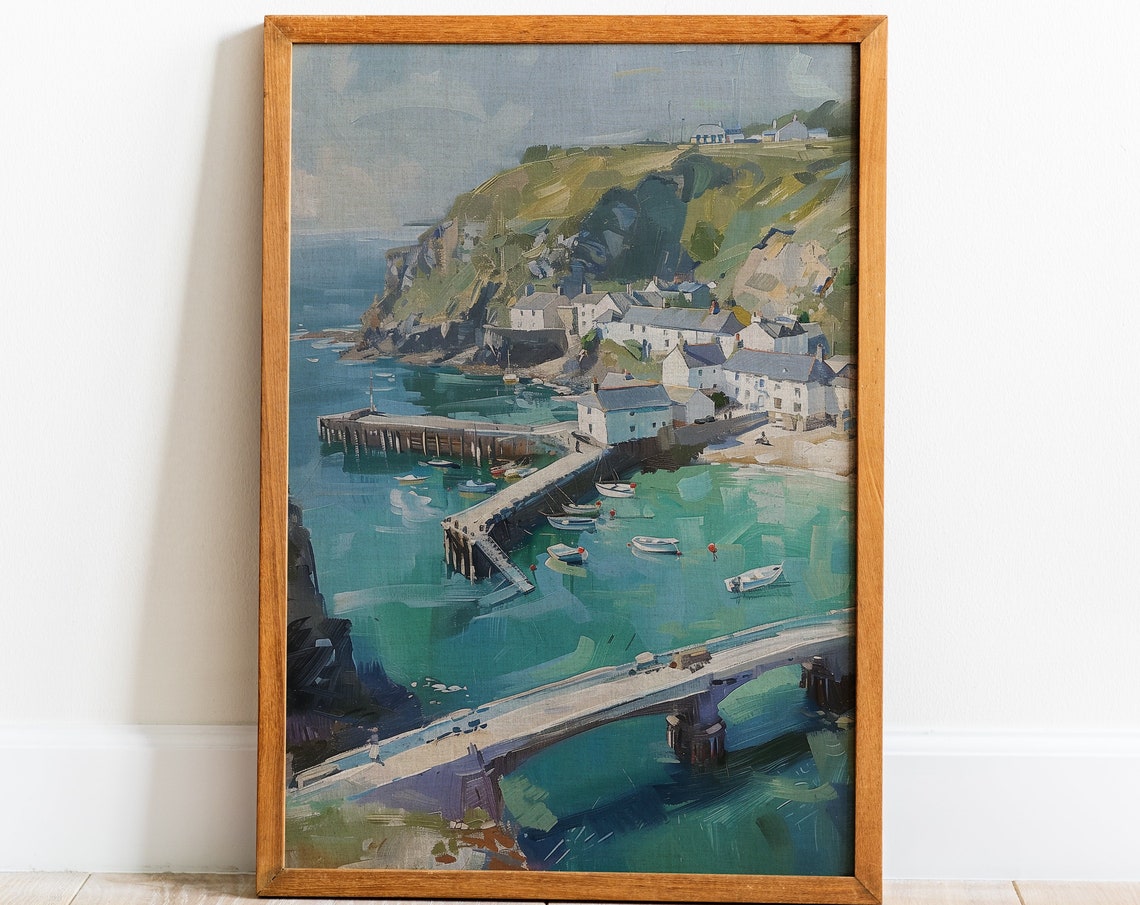Coastal Fishing Village Harbor Poster Mediterranean Cliff Town Oil Art