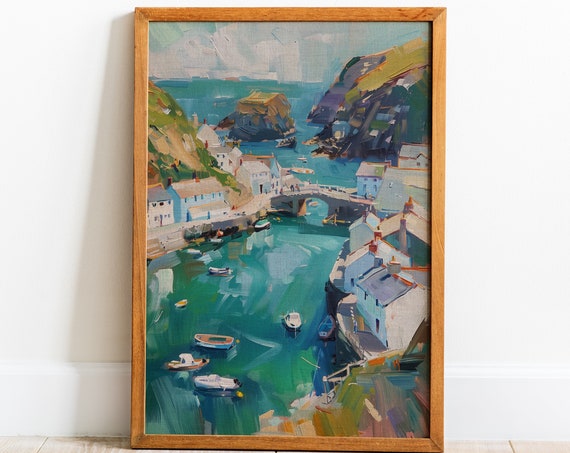 Moody Harbour Landscape Painting Trendy Fine Art Nautical Vacation Home Decor Blue Poster Housewarming Gift