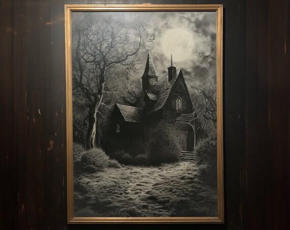 Witchy Cabin Wall Art Dark Aesthetic Witchcore Wall Decor Detailed Etching Drawing Dark Cottagecore Decor