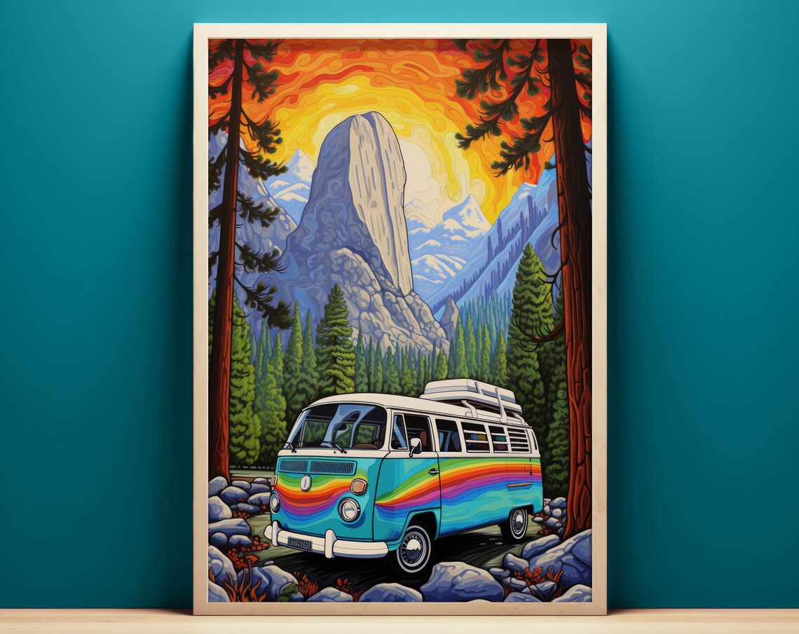 El Capitan Yosemite Sunset Retro Camper Van Rainbow Travel Poster