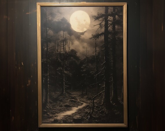 Full Moon Over Moonlit Pine Forest Path Night Landscape Wall Art