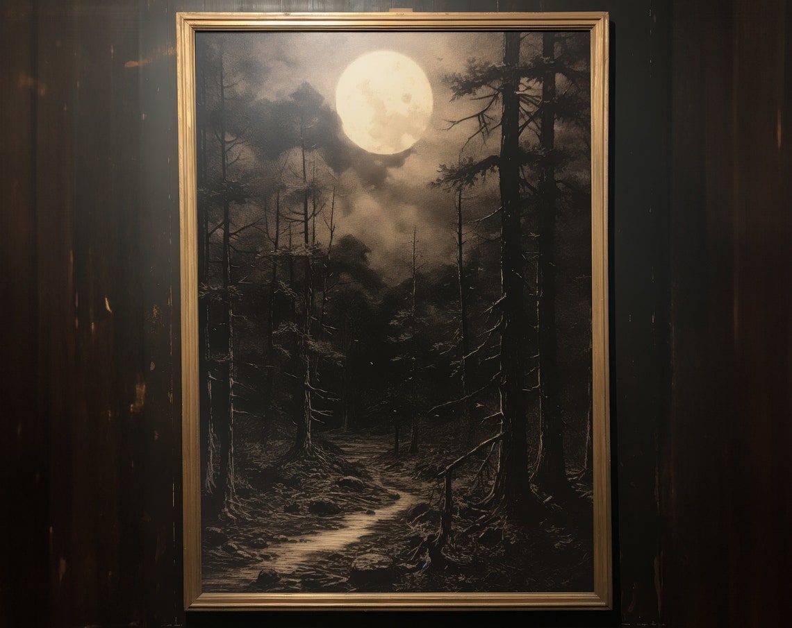 Full Moon Over Moonlit Pine Forest Path Night Landscape Wall Art