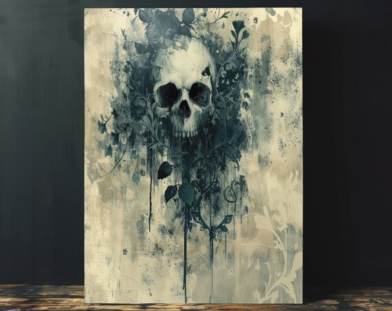 Gothic Skull With Dark Foliage Vintage Watercolor Skeleton Art Poster