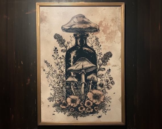 Mushroom Apothecary Bottle Vintage Illustration Dark Cottagecore Print