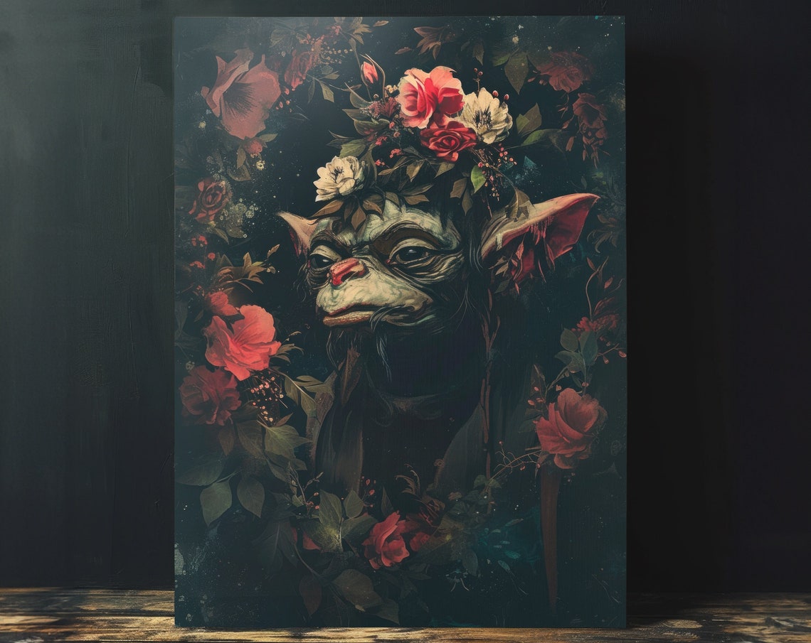 Dark Goblin Portrait With Floral Crown Gothic Fantasy Art Poster