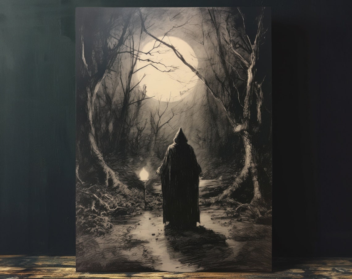 Hooded Figure With Lantern Moonlit Path Dark Forest Wall Art