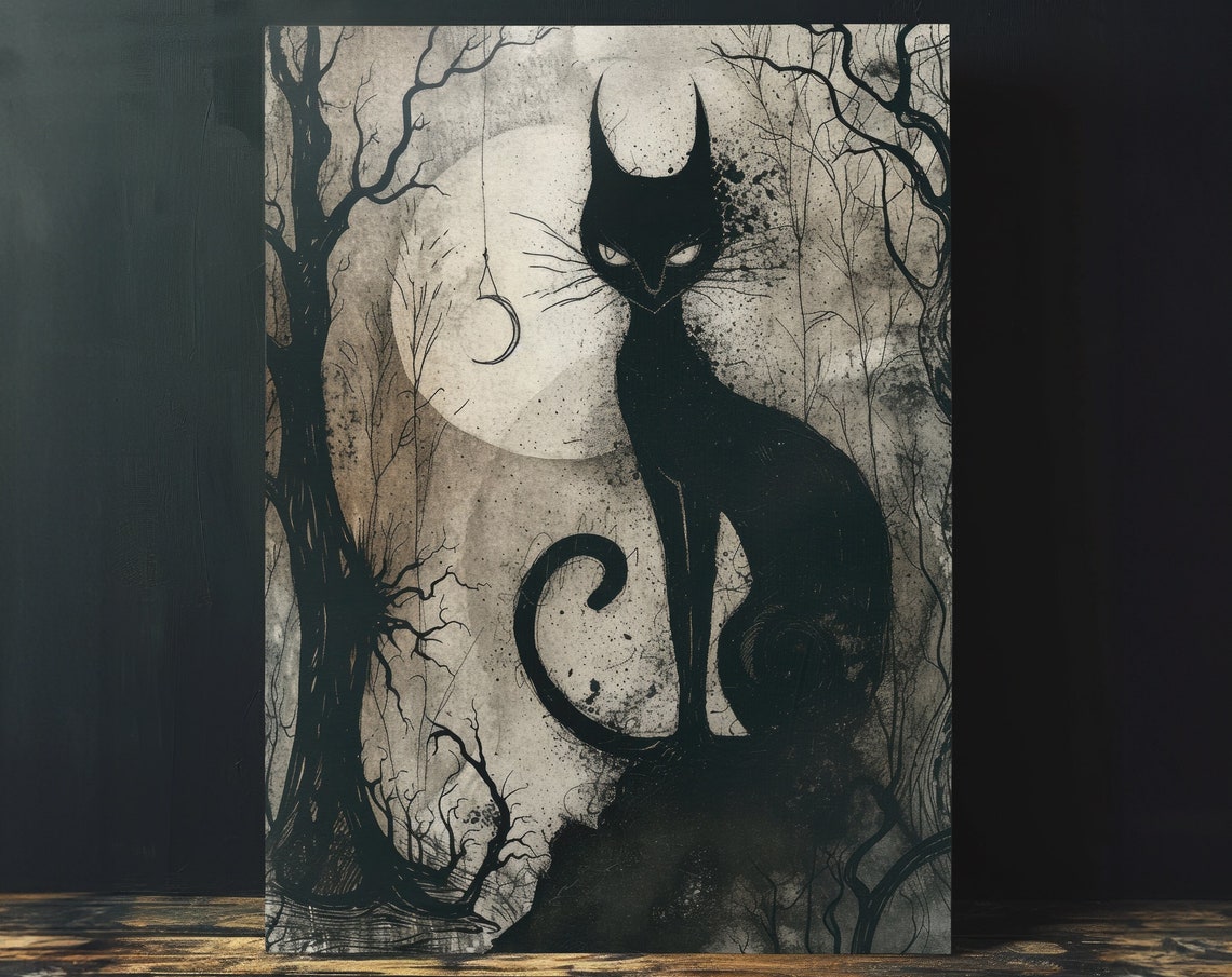 Black Cat Moody Whimsigoth Art Print