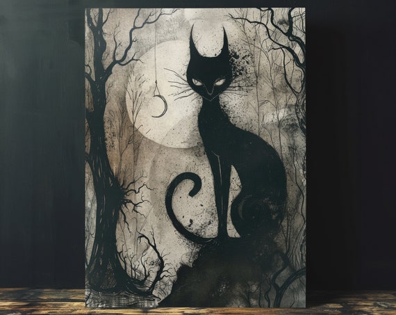 Black Cat Moody Whimsigoth Art Print
