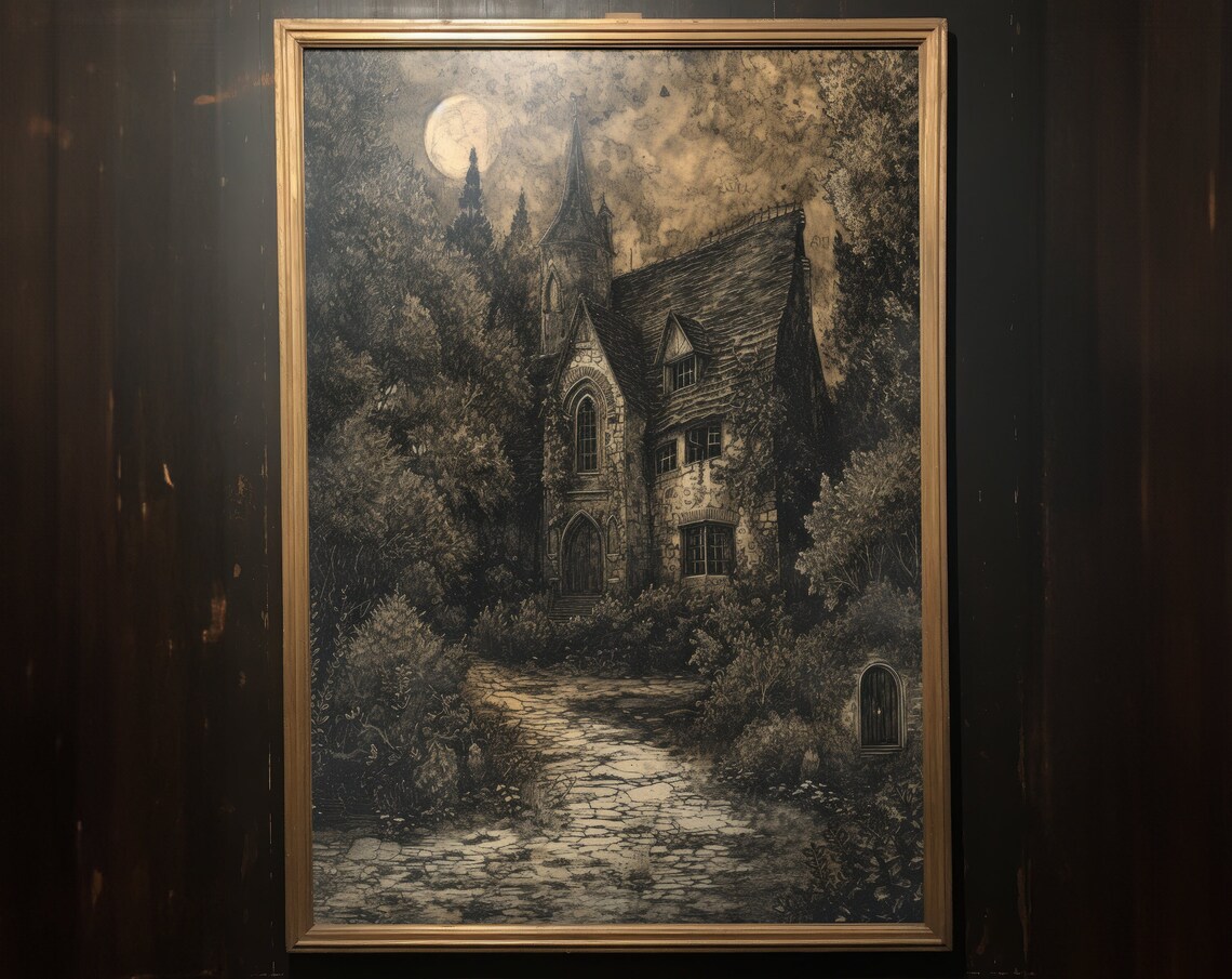 Moonlit Stone Cottage Etching Style Vintage Sepia Haunted Forest Art Poster