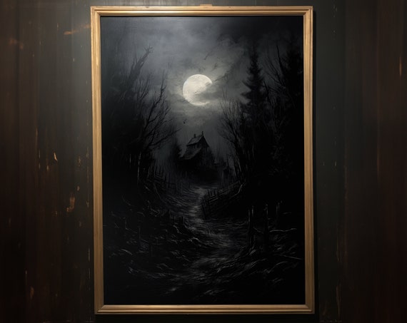 Eerie Full Moon Night Scenery Wall Art Dark Cottagecore Cabin In The Woods Painting Dark Horror Landscape