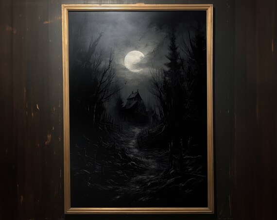 Moonlit Forest Path to Lonely House Dark Night Landscape Wall Art