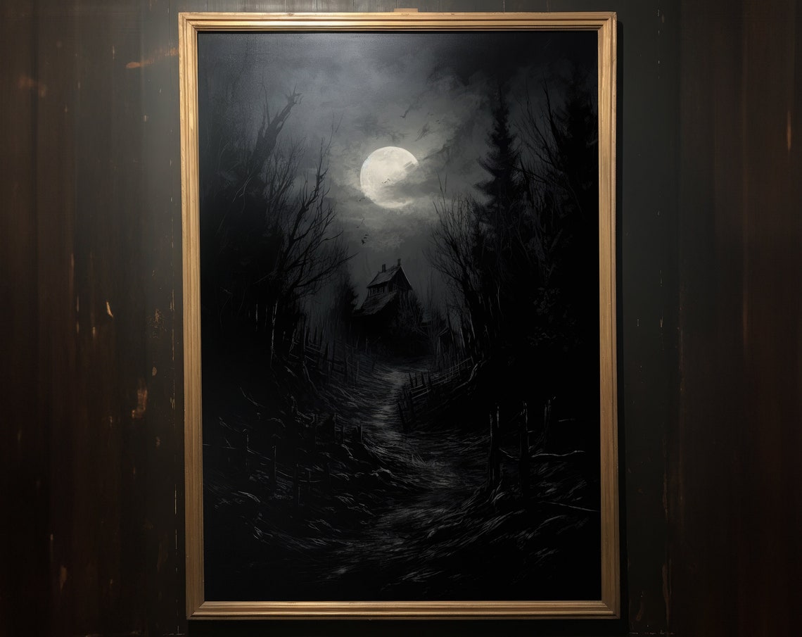 Moonlit Forest Path to Lonely House Dark Night Landscape Wall Art