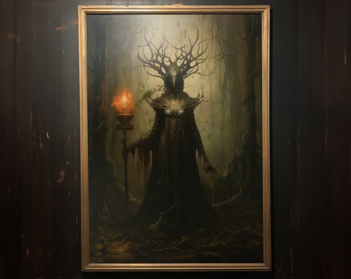 Antlered Forest Spirit With Flaming Torch Dark Fantasy Wall Art