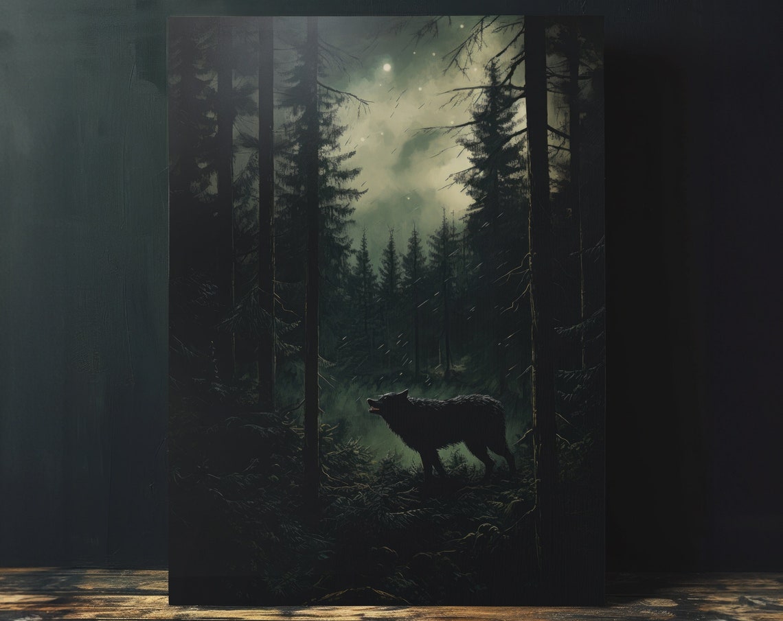 Howling Wolf Misty Pine Forest Night Moody Dark Cottagecore Art Poster