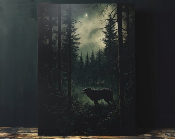 Moody Dark Cottagecore Forest Landscape Wall Art Dark Aesthetic Home Decor Eerie Wolf Artwork Etching Style