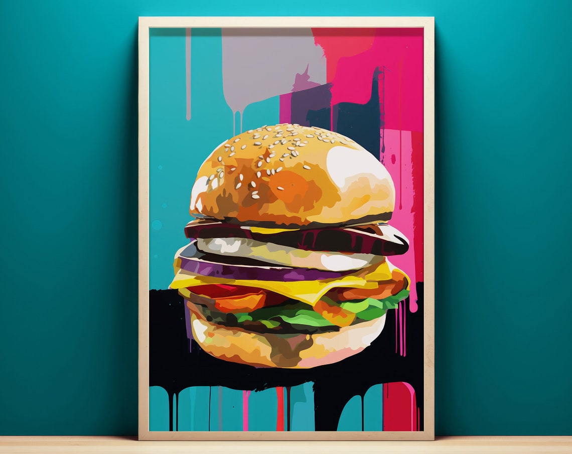 Juicy Burger Graffiti Style Pop Art Black Pink Drip Kitchen Poster