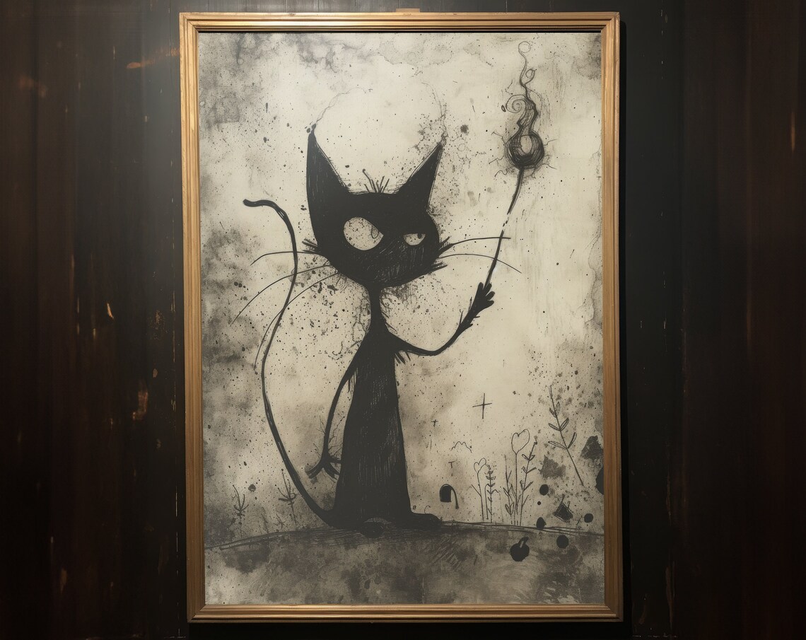Spooky Quirky Black Cat With Wand Ink Sketch Gothic Cat Wall Art
