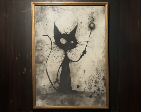 Spooky Quirky Black Cat With Wand Ink Sketch Gothic Cat Wall Art