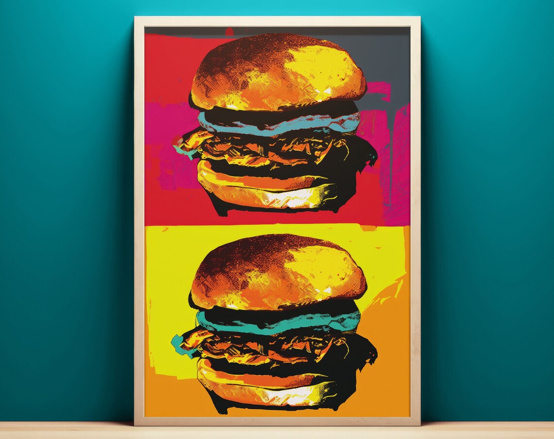 Double Burger Retro Pop Art Pink Yellow Fast Food Kitchen Poster