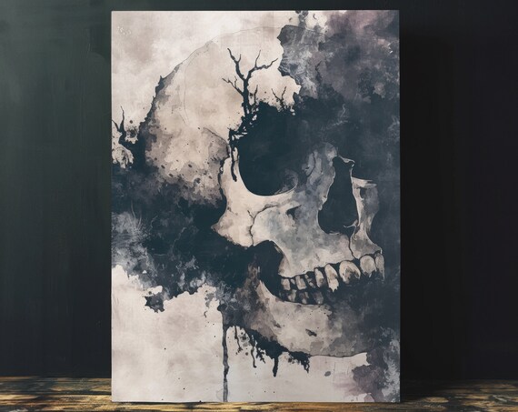 Grungy Skull Watercolor Painting Dark Aesthetic Wall Decor Print