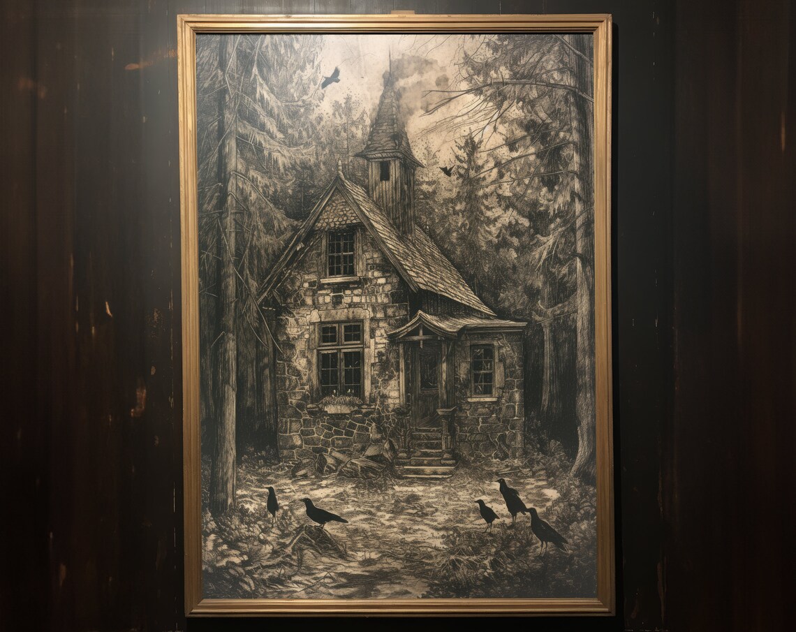 Forest Cabin Etching Style Landscape Art Print
