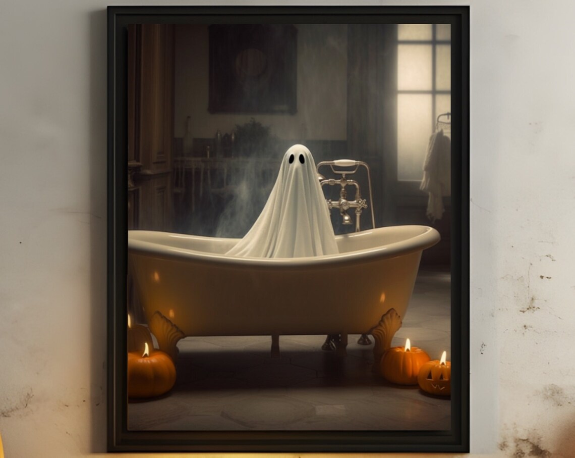 Ghost In Vintage Clawfoot Bathtub With Pumpkins Spooky Poster