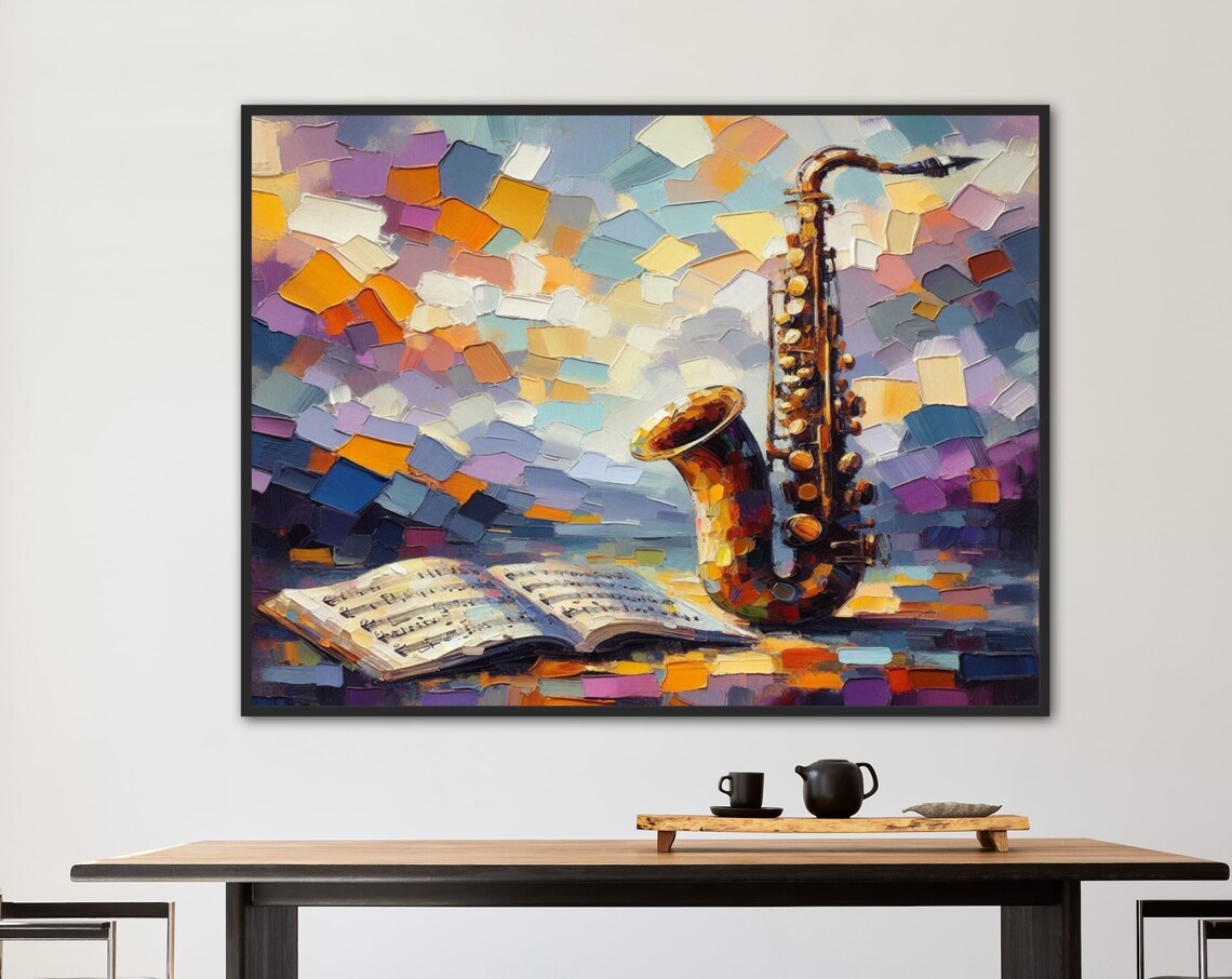 Saxophone With Sheet Music Book Colorful Mosaic Jazz Art Poster