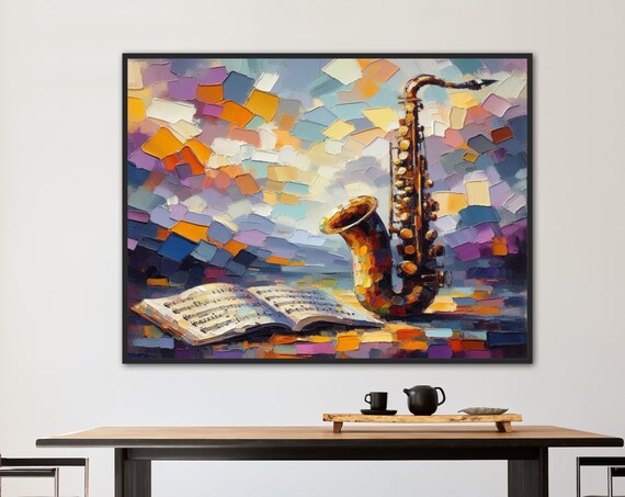 Saxophone With Sheet Music Book Colorful Mosaic Jazz Art Poster