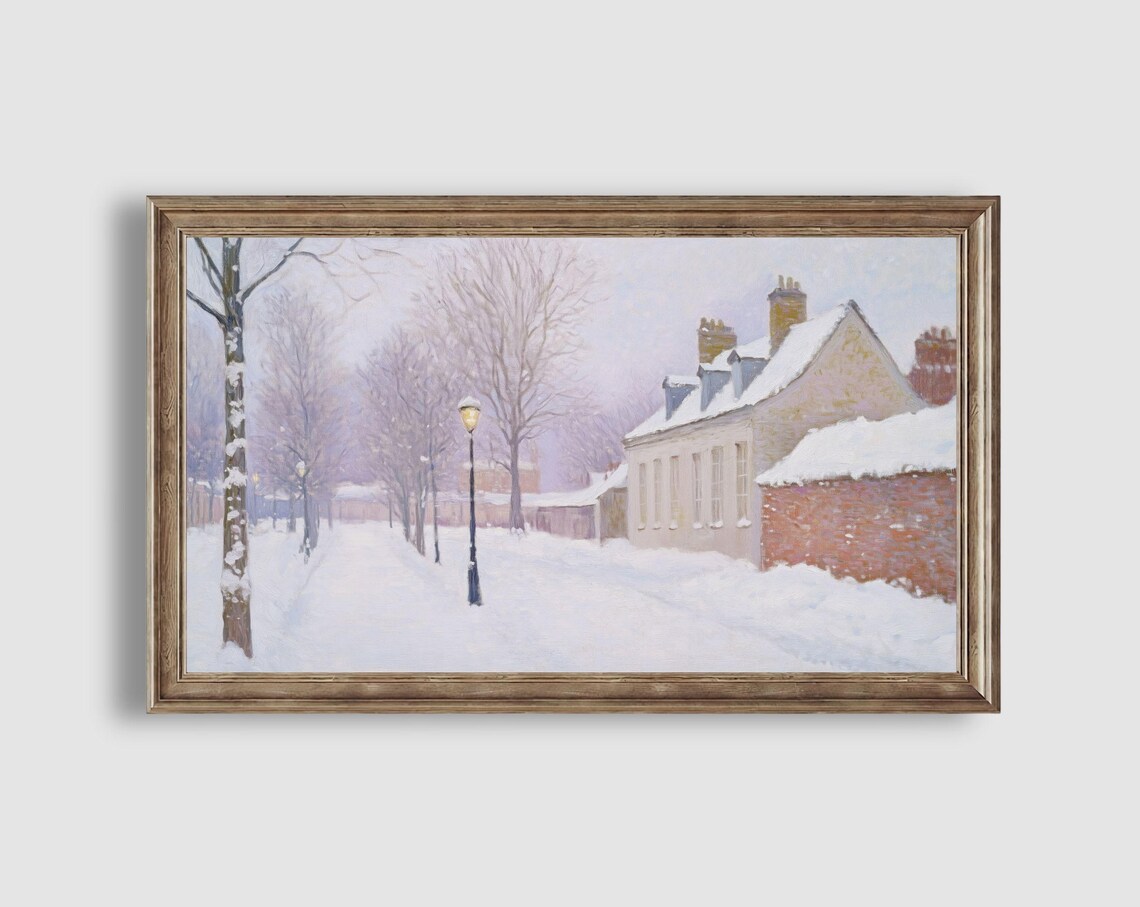 Quiet Snowy Village Street with Lamppost and Cottages in Soft Winter Light Poster - Image 2