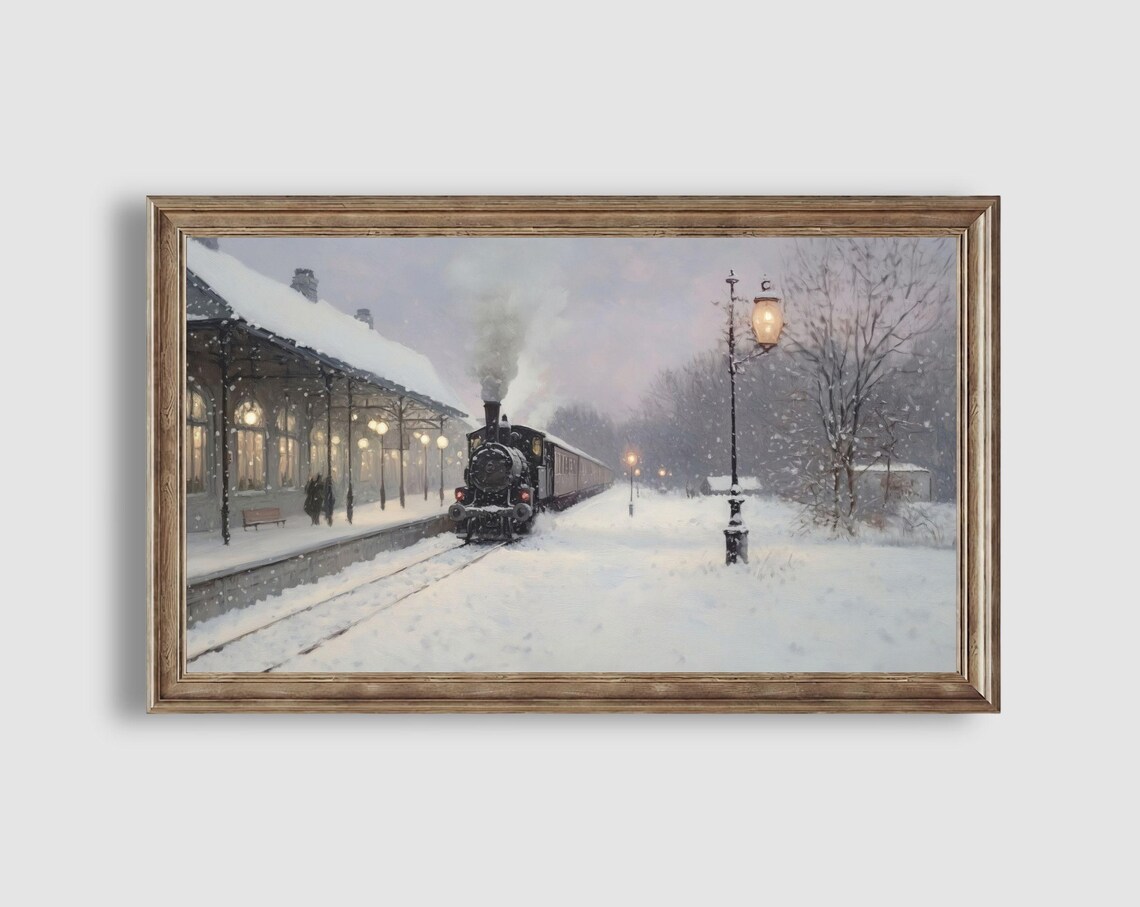 Vintage Steam Train Arriving at a Snowy Evening Station Painting Poster - Image 2