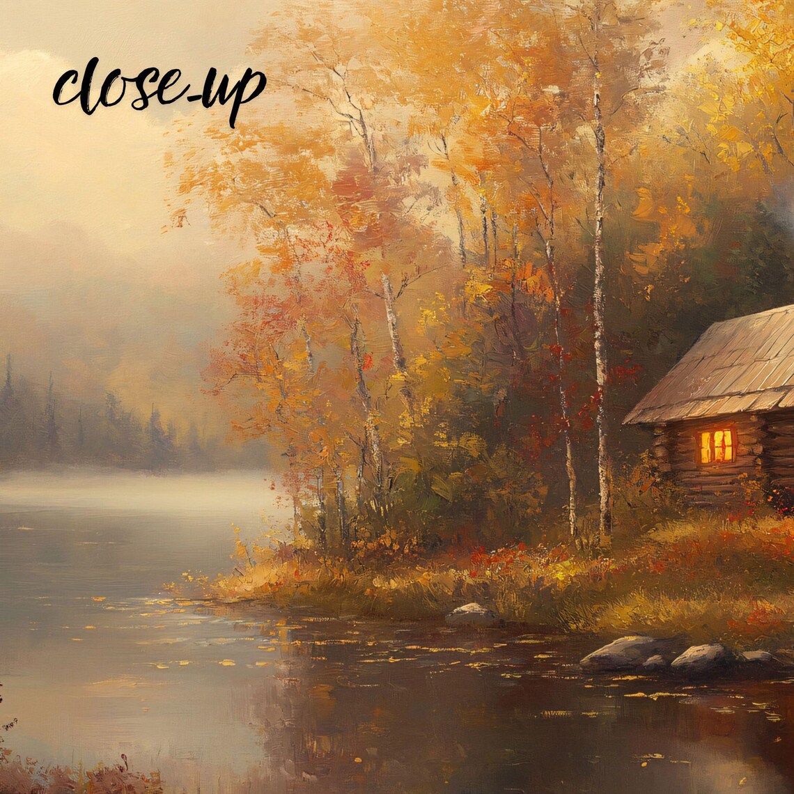 Cozy Log Cabin Lit Windows Misty Autumn Lake Woodland Retreat Art Poster - Image 3