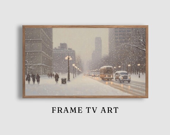 Vintage Snowy City Avenue Bus Traffic Winter Urban Scene Poster