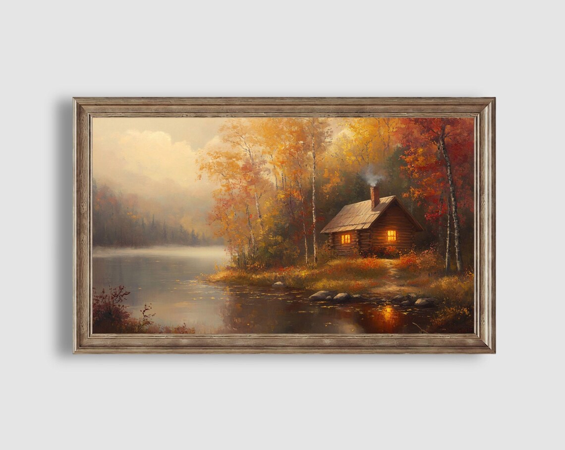 Cozy Log Cabin Lit Windows Misty Autumn Lake Woodland Retreat Art Poster - Image 2