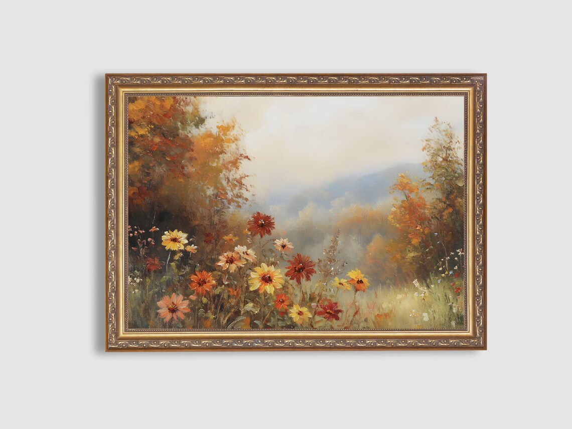 Autumn Wildflower Meadow Vintage Floral Misty Hills Landscape Poster - Image 2