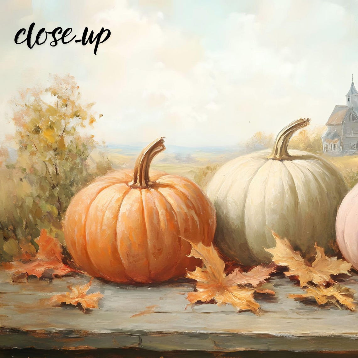 Four Pumpkins with Church View Autumn Harvest Painting Poster - Image 4