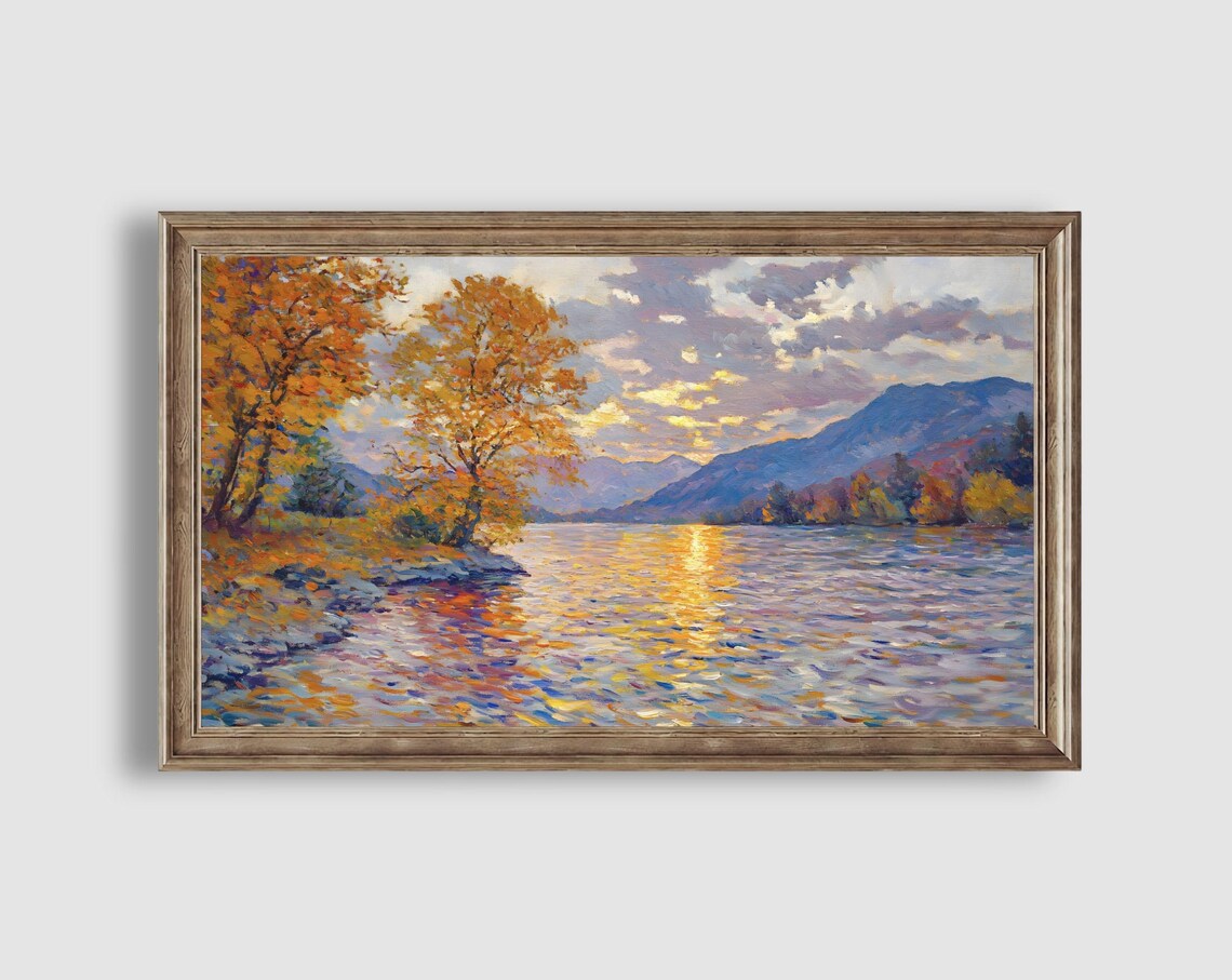 Golden Autumn Lakeside Sunset with Trees Reflecting on Calm Water Painting Poster - Image 2