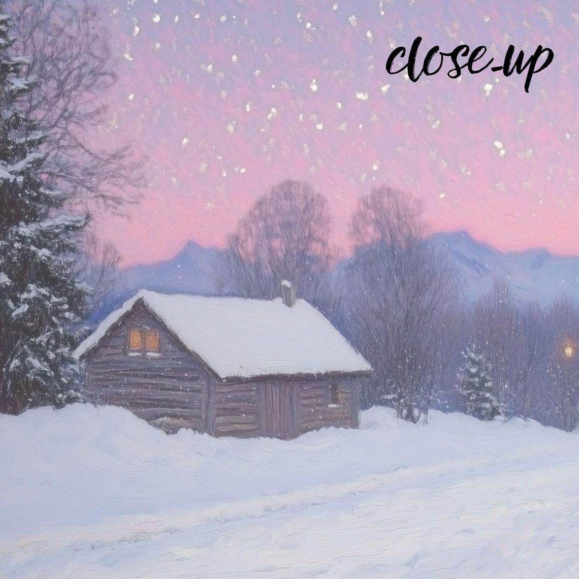 Cozy Winter Cabin Pink Sunset Snowy Mountain Landscape Poster - Image 4