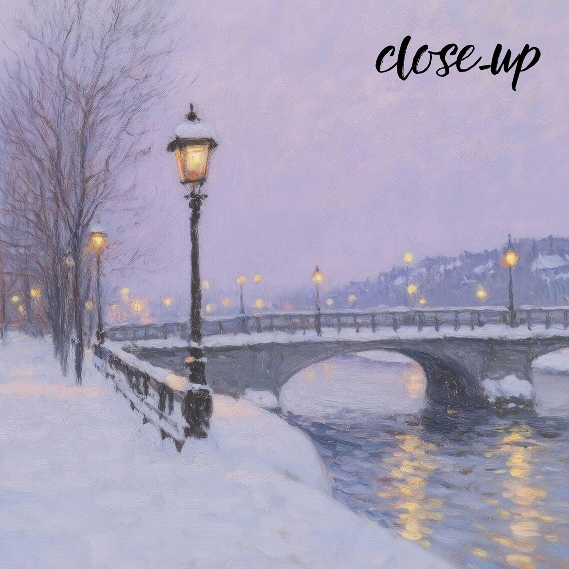 Snowy River Bridge with Glowing Lampposts and Riverside Building Painting Poster - Image 3