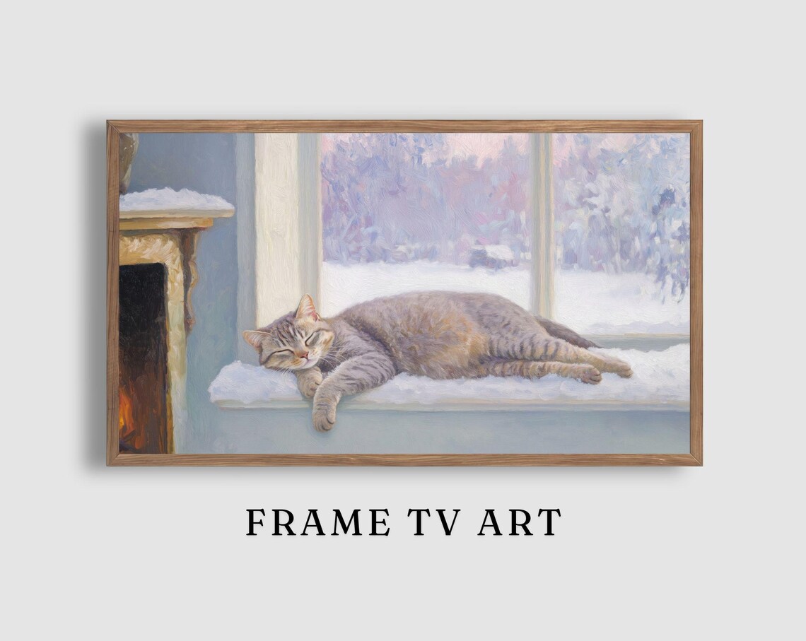 Sleeping Grey Tabby Cat on a Snowy Windowsill by the Fireplace Painting Poster
