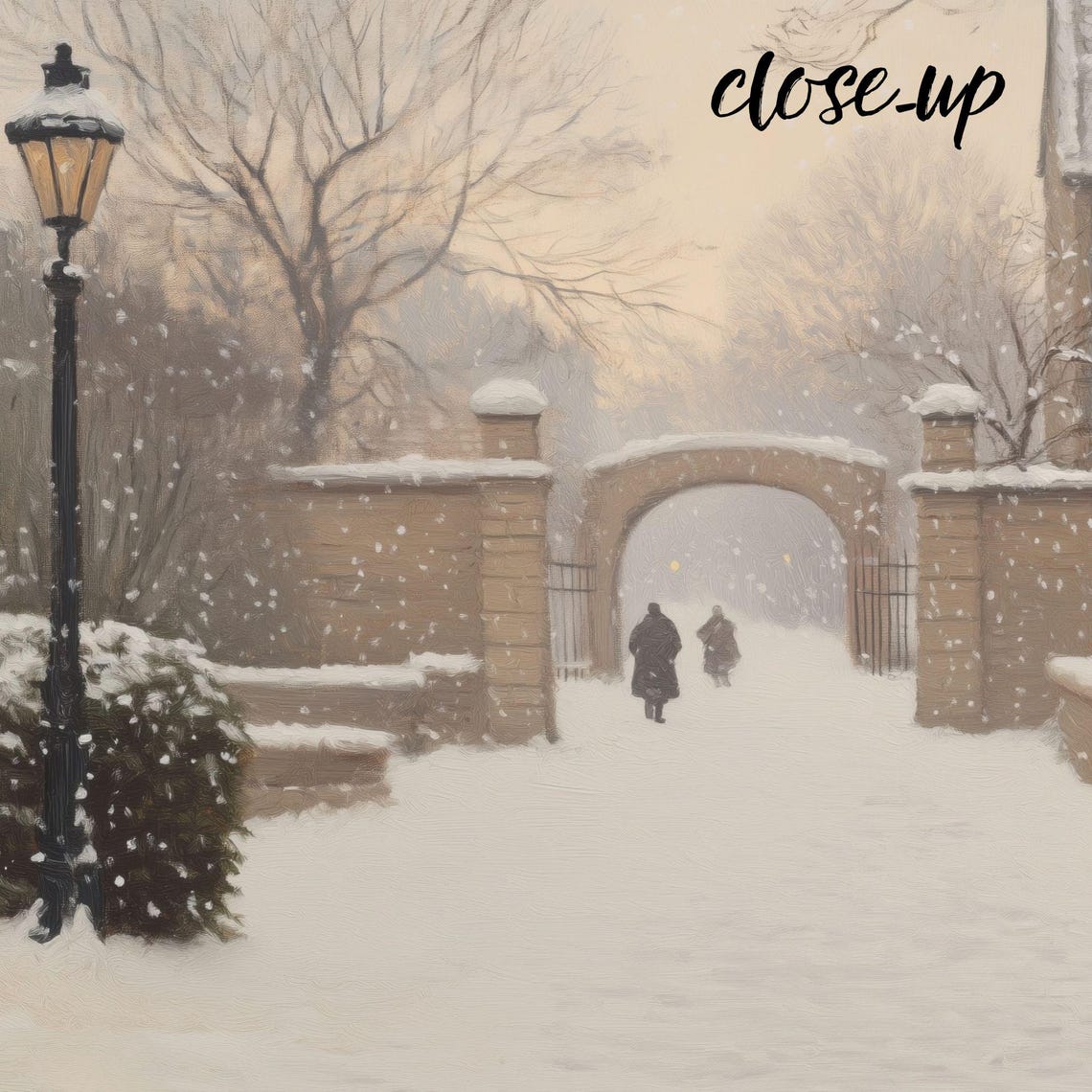 Snowy Courtyard Stone Arch Gate Lamppost Winter Scene Poster - Image 4