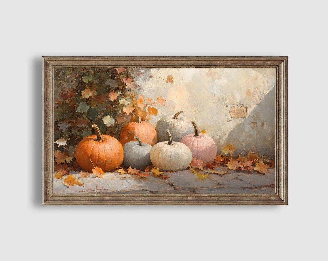 Farmhouse Pumpkin Group Against Ivory Wall Autumn Harvest Still Life Art Poster - Image 2