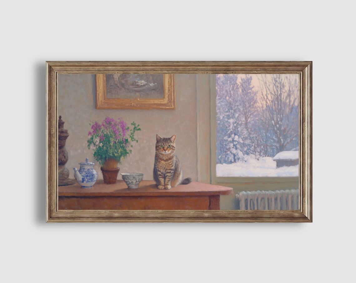 Tabby Cat Still Life with Flowers and Teapot by a Snowy Window Painting Poster - Image 2