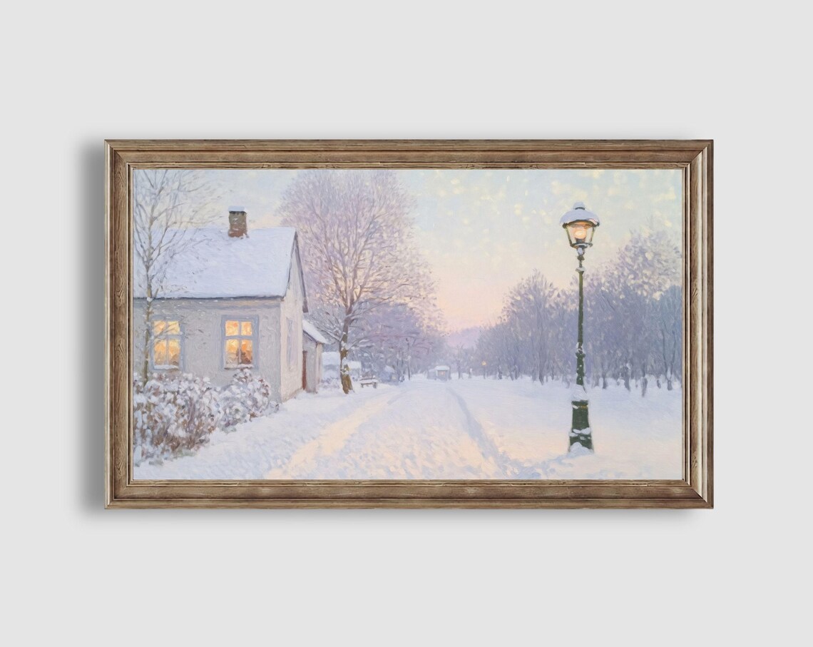Snowy Cottage Lane with Glowing Windows and a Vintage Lamppost at Dusk Poster - Image 2