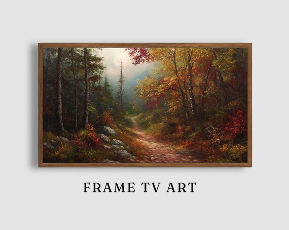 Misty Autumn Forest Path Colorful Foliage Vintage Woodland Trail Art Poster
