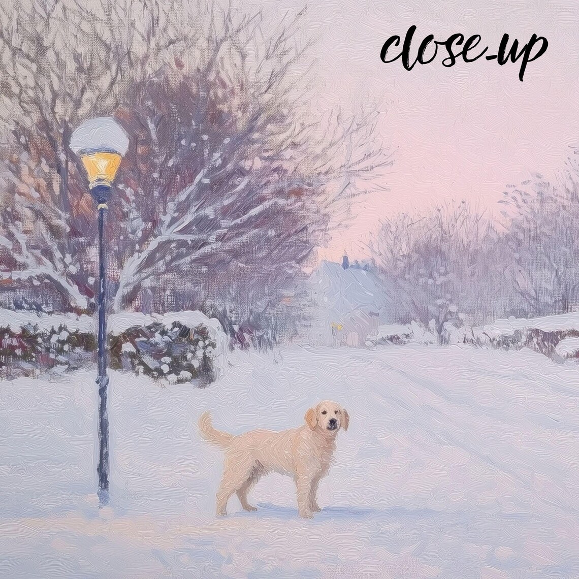 Golden Retriever Puppy in Snowy Village Street Winter Lamp Light Art Poster - Image 4